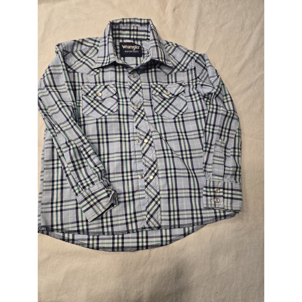Wrangler Pearl Snap Shirt Long Sleeve Boys Blue Plaid Small (5-6) EUC